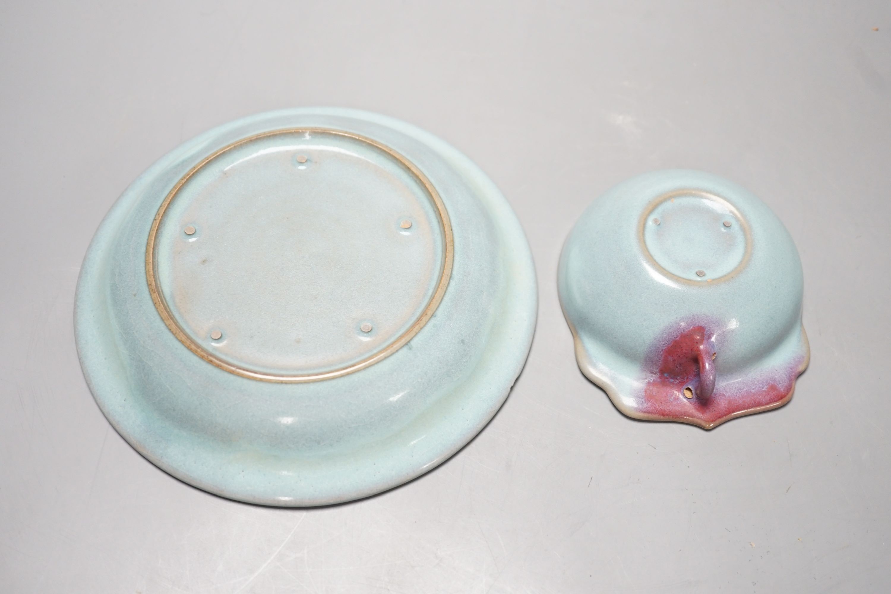 A Chinese Jun type dish, diameter 17.5cm and a similar brush washer